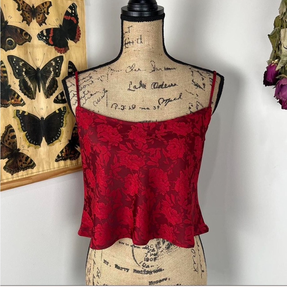 Red Burgundy Satin Floral Cami Cropped tank top